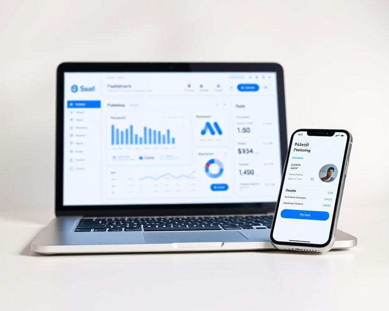 Fintech product website interface on multiple devices