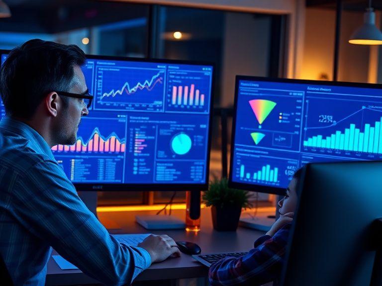 Analysts reviewing website heatmaps and conversion funnels on screen