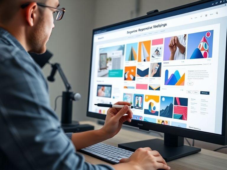 Designer refining a responsive website layout on a large screen
